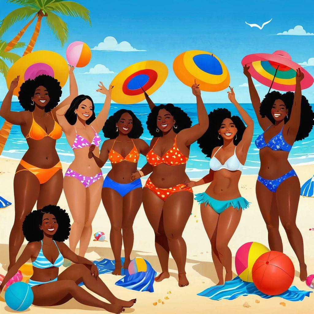 A vibrant, whimsical illustration featuring diverse women of various body types joyfully celebrating their anatomy in a colorful beach setting. They are happily posing with playful expressions, surrounded by uplifting quotes about body positivity and humor. The scene should be filled with cheerful beach props like sun hats, beach balls, and tropical drinks, enhancing a carefree atmosphere. The overall tone should be warm and inviting, capturing the essence of humor and heart. vector art. vibrant colors.