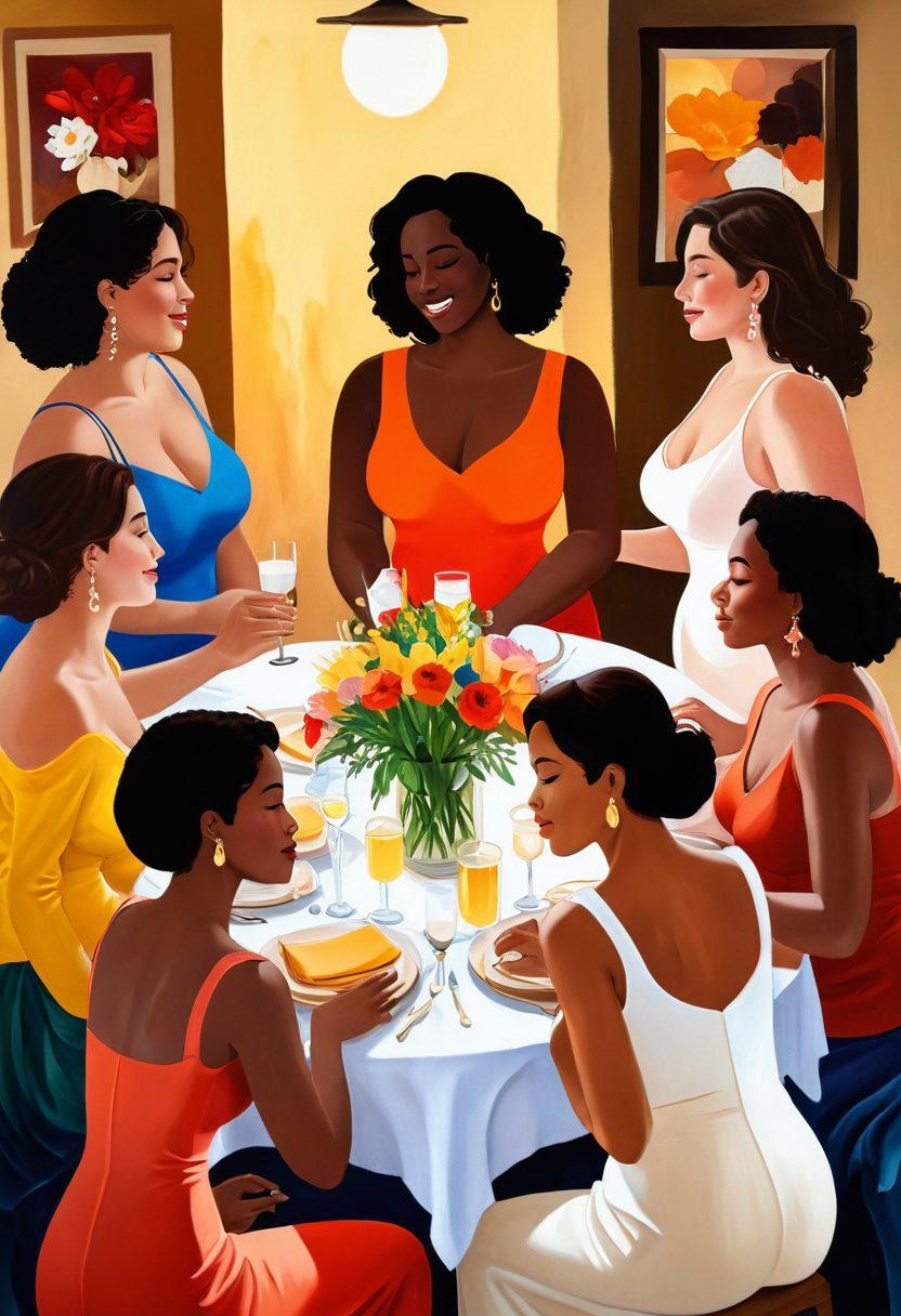A vibrant celebration of diverse body shapes and curves, showcasing a joyful gathering of individuals in an intimate, warm setting. Include soft, tender interactions that symbolize love and acceptance, with floral decorations and gentle lighting enhancing the mood. The scene should evoke harmony and connection among people of various sizes and backgrounds. warm tones. soft focus. painting.