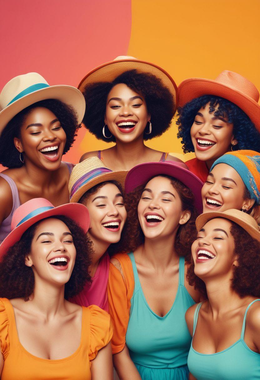 A whimsical illustration of a diverse group of women laughing together, showcasing their unique body shapes and styles, surrounded by empowering quotes about body positivity. One woman is playfully adjusting a quirky hat that symbolizes humor, while another holds a mirror reflecting a joyful smile. The background features a vibrant blend of colors, expressing energy and empowerment. cartoon style. vibrant colors. cheerful atmosphere.